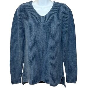 LL Bean V-Neck Knit Sweater Ribbed Side Slit Blue Womens S Long Sleeve Pullover
